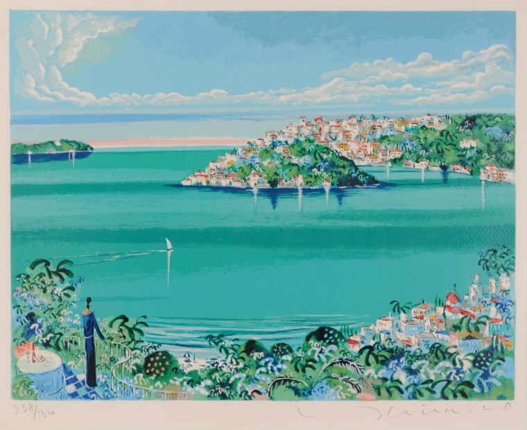 海の絵画をシルクスクリーンの版画で制作した平野琳人の海の絵画「半島