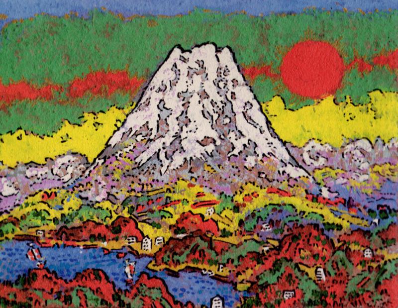 青嶺円照』○SM油彩額付タテ36.3cm銀シルバー満月富士山がんどうあつし