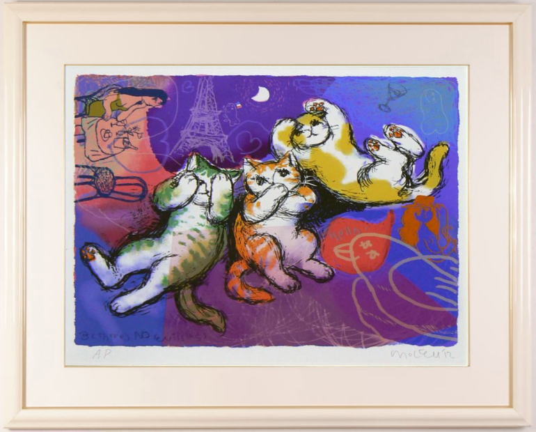 マイケル・ルーのポップアートの猫の絵画「見ニャイ、聞かニャイ、言わ