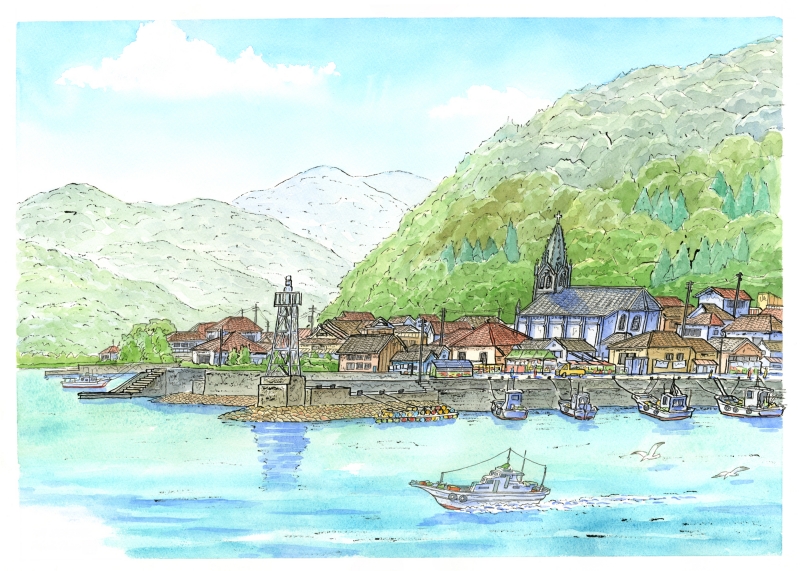 絵画風景画 絵画の水彩画で内藤謙一が描いた熊本の絵「天草・