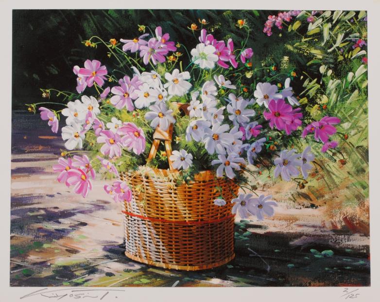 花の絵画をジークレーの版画で制作した田中清の花の絵「コスモスと桜草