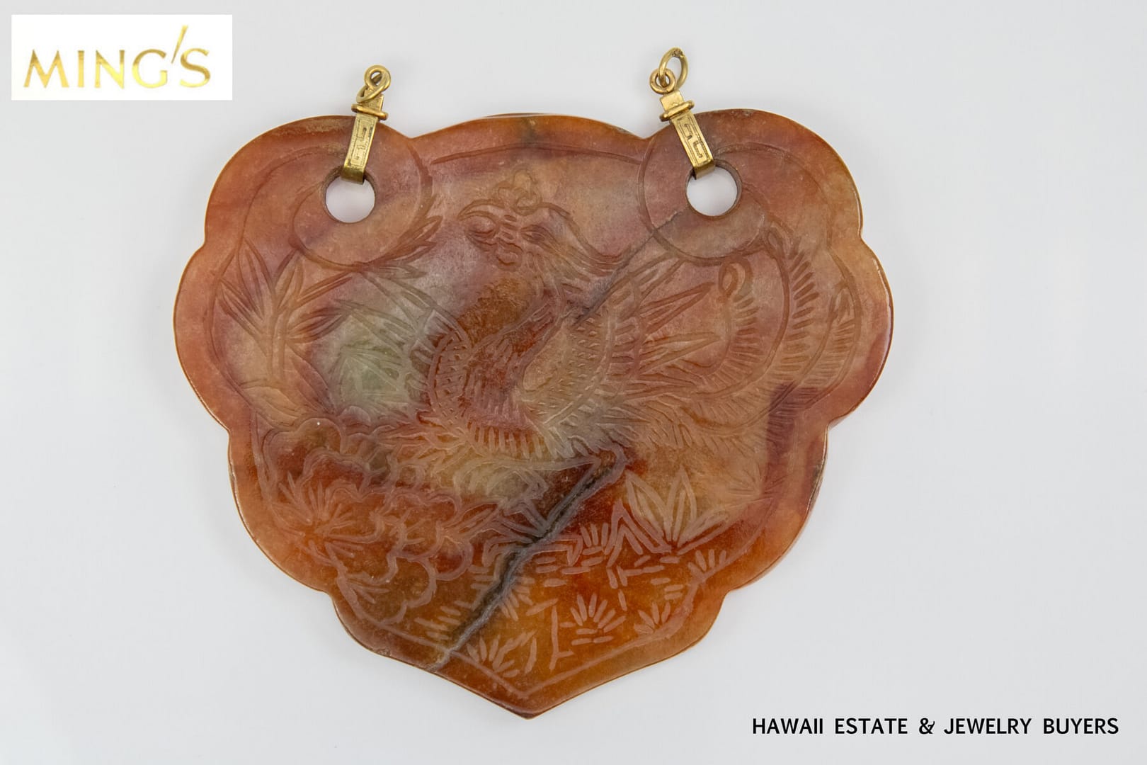 MING'S 14KYG 94.5g RED JADE DRAGON & PHOENIX CARVED MEDALLION