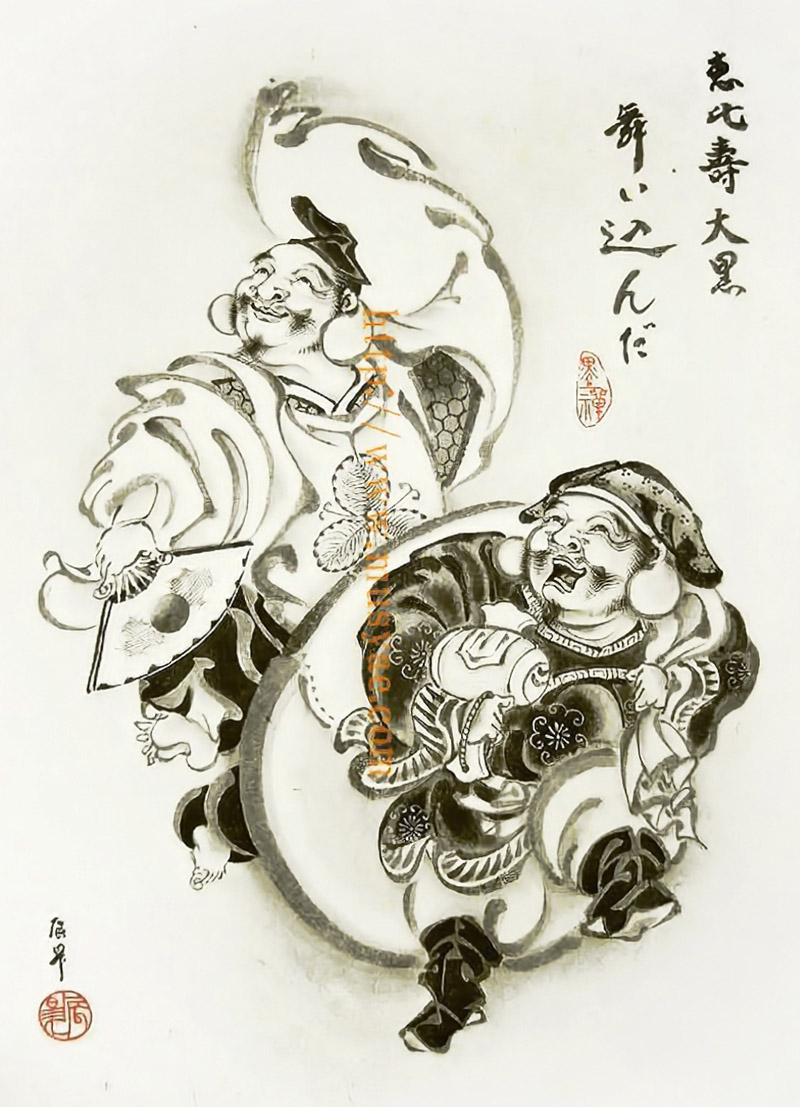 肉筆墨絵「額装恵比寿大黒」 辰昇作 いわき絵のぼり 恵比寿 大黒様の絵札