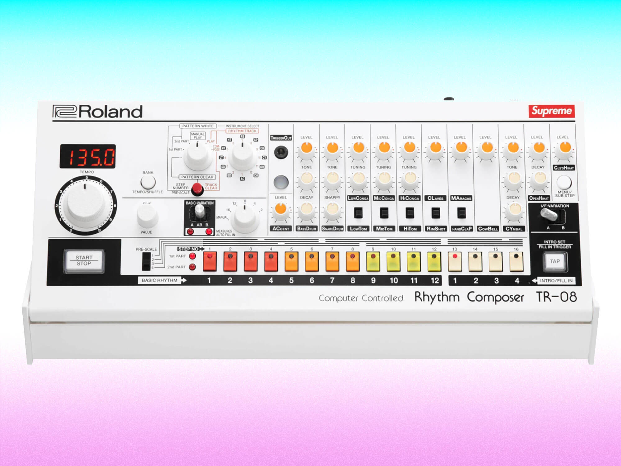 Supreme's 2024 collection features a Roland JU-06A and TR-08 in white