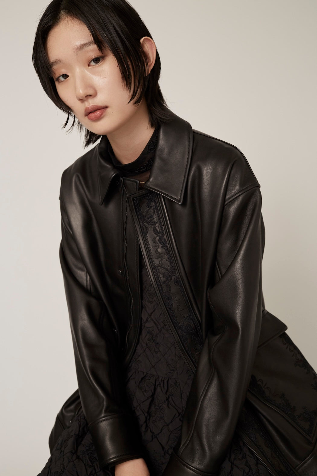 Framed embroidery leather jacket (Black) - レザージャケット