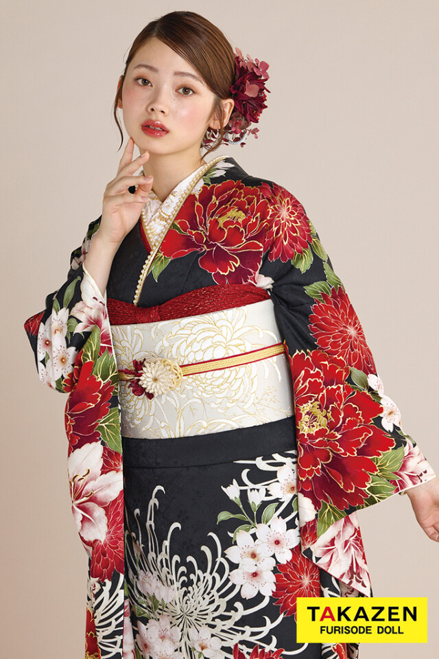 引き振袖 手描き友禅の黒に、乱菊と藤の花が咲き誇る作家物のお