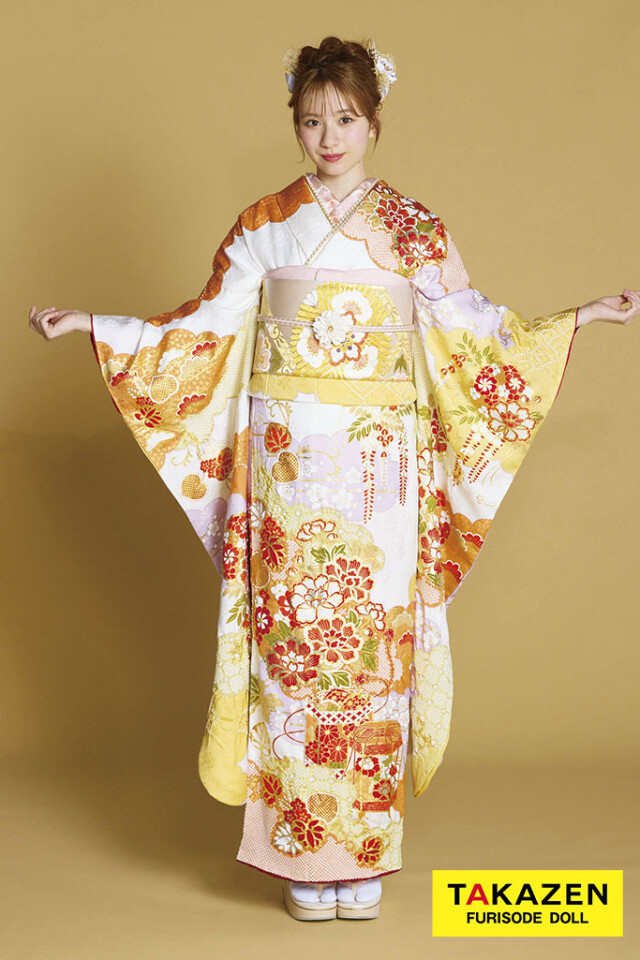 TAKAZENの振袖 /赤色/オレンジ色/古典/花柄/ 最新作高級古典 白地