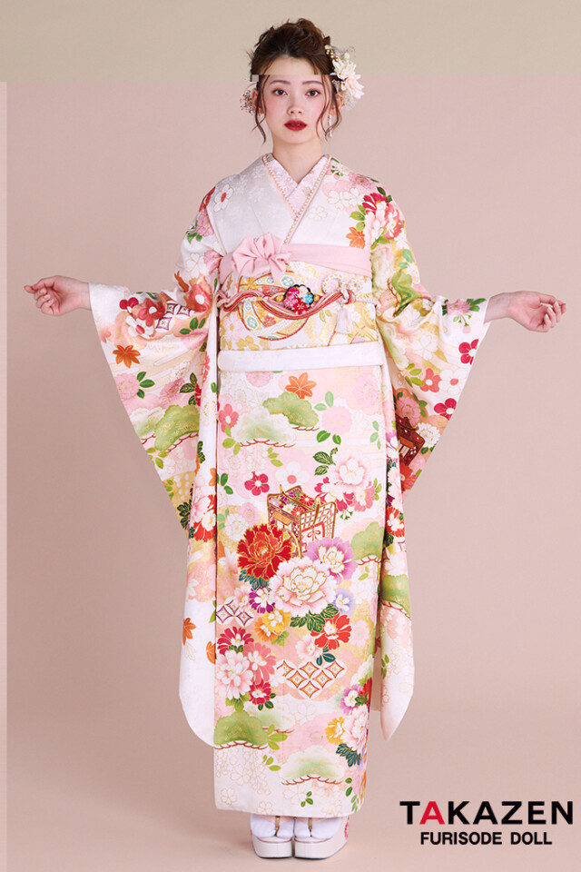 TAKAZENの振袖 /白色/古典/花柄/ 正統派古典 白/ピンク 御所車柄/牡丹