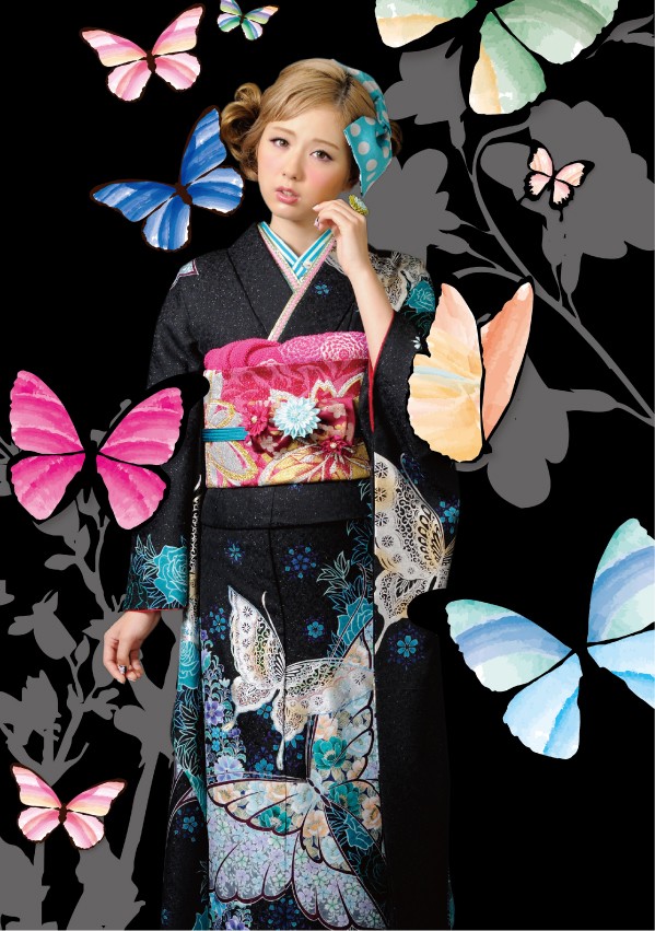 佐藤貸衣裳店の振袖 /黒色/シルバー色/クール/蝶柄/ A G pops ブラック