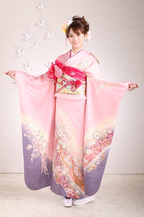 辻が花レンタル本店の振袖 /ピンク色/古典/花柄/ ピンク紫振袖フル