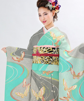 振袖レンタル＆販売 はい乃の振袖 /水色/グレー色/古典/蝶柄/ ブルー地