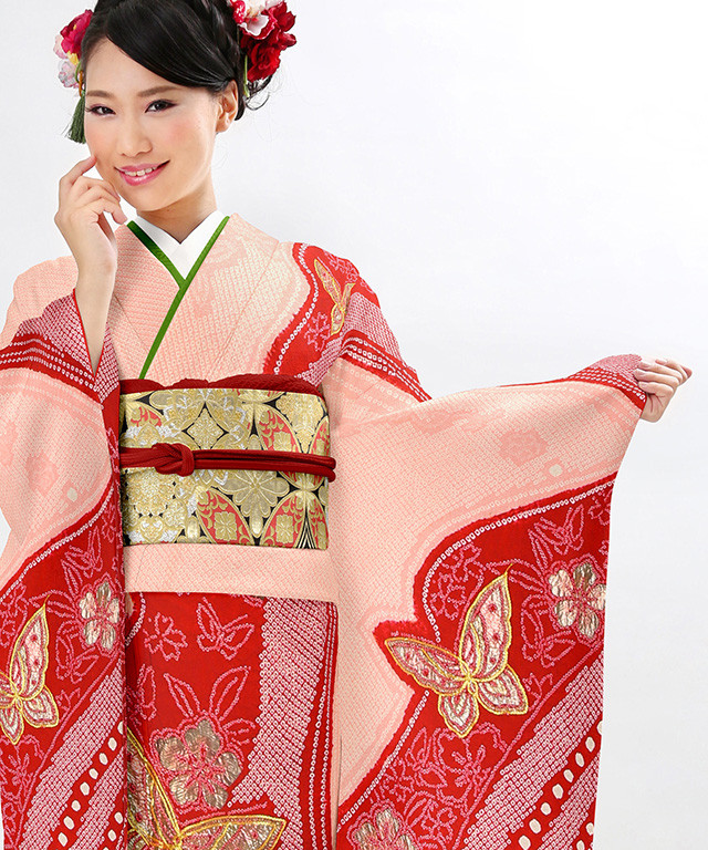 振袖レンタル＆販売 はい乃の振袖 /ピンク色/赤色/古典/蝶柄/ ピンク地
