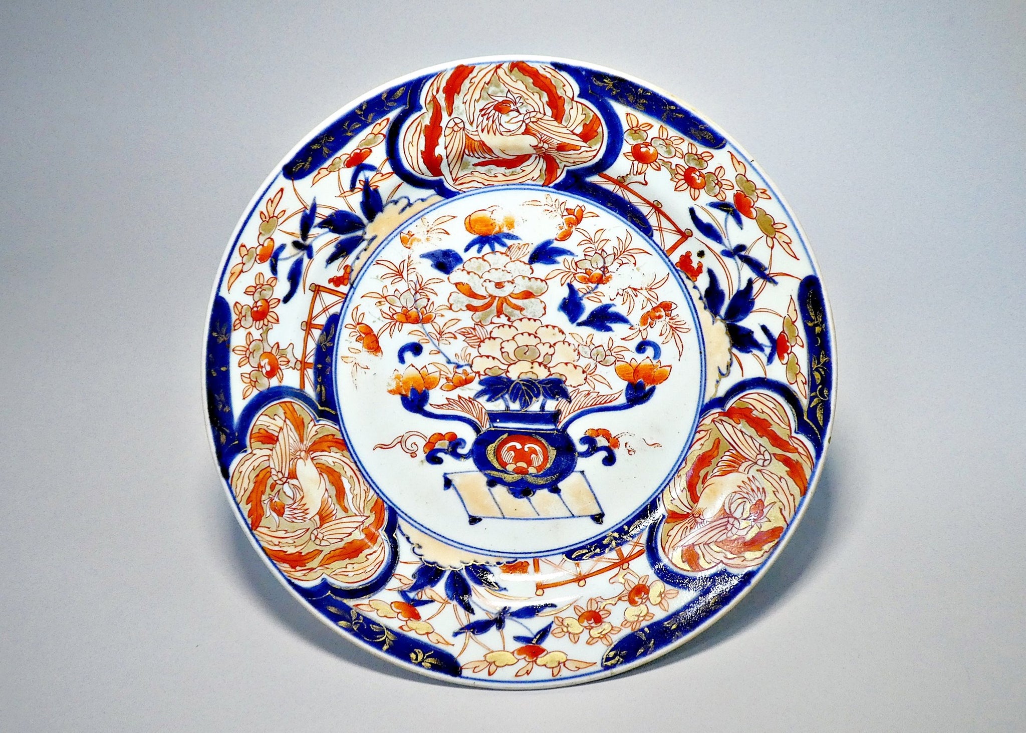 伊万里色絵花籠図皿 ∅31cm 古伊万里 骨董 R1370A 伊万里色絵花籠図皿