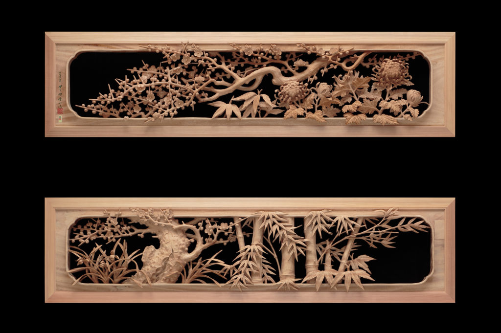 欄間 – 中田彫刻店 BK167 越中井波彫刻 名工 泉 作 竹林図 欄間 一対