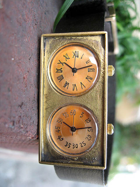 アンティーク調 手作り時計】メンズサイズ時計 真鍮製 長方形のダブル