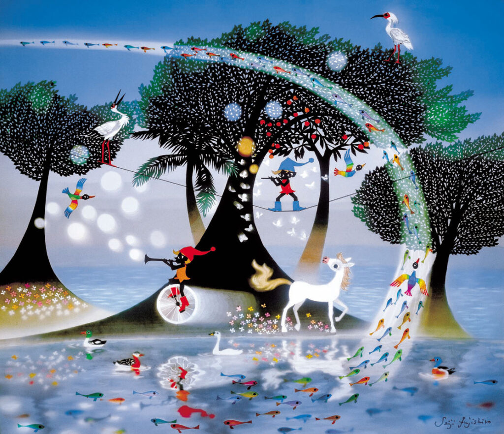 真作□藤城清治 版画 古都の桜と笛吹く少女□絵画 美しき