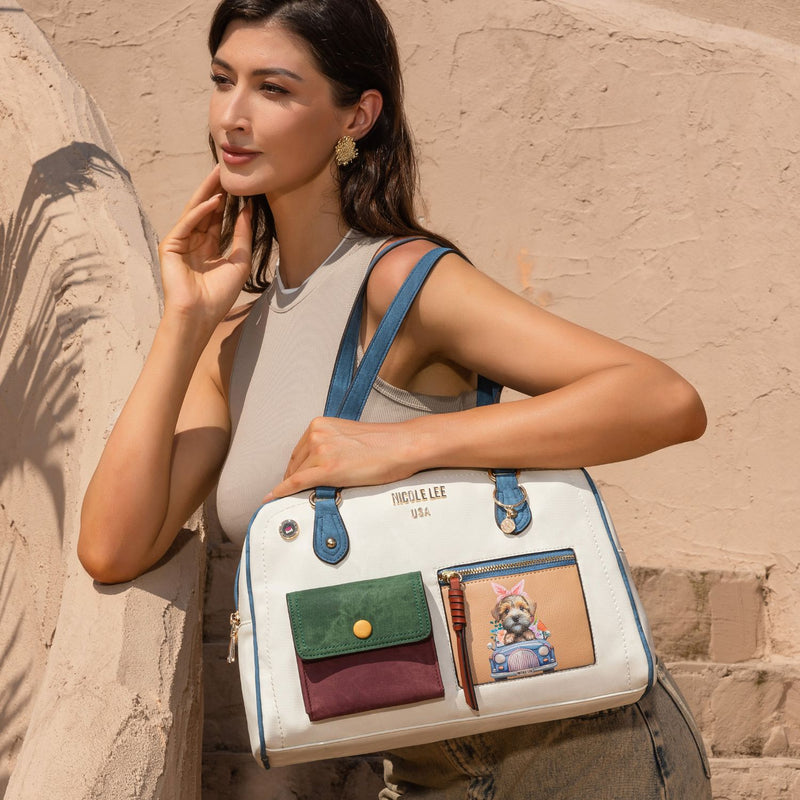 Colorblock Boston Bag with 2 Zip Compartments, Dog Print, Multiple