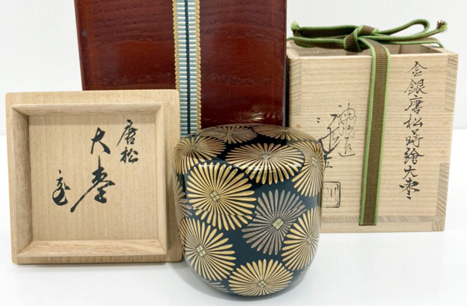 CU-26 茶道具 漆匠川端近左作「金銀唐松蒔絵錆塗大棗」共箱/二重箱