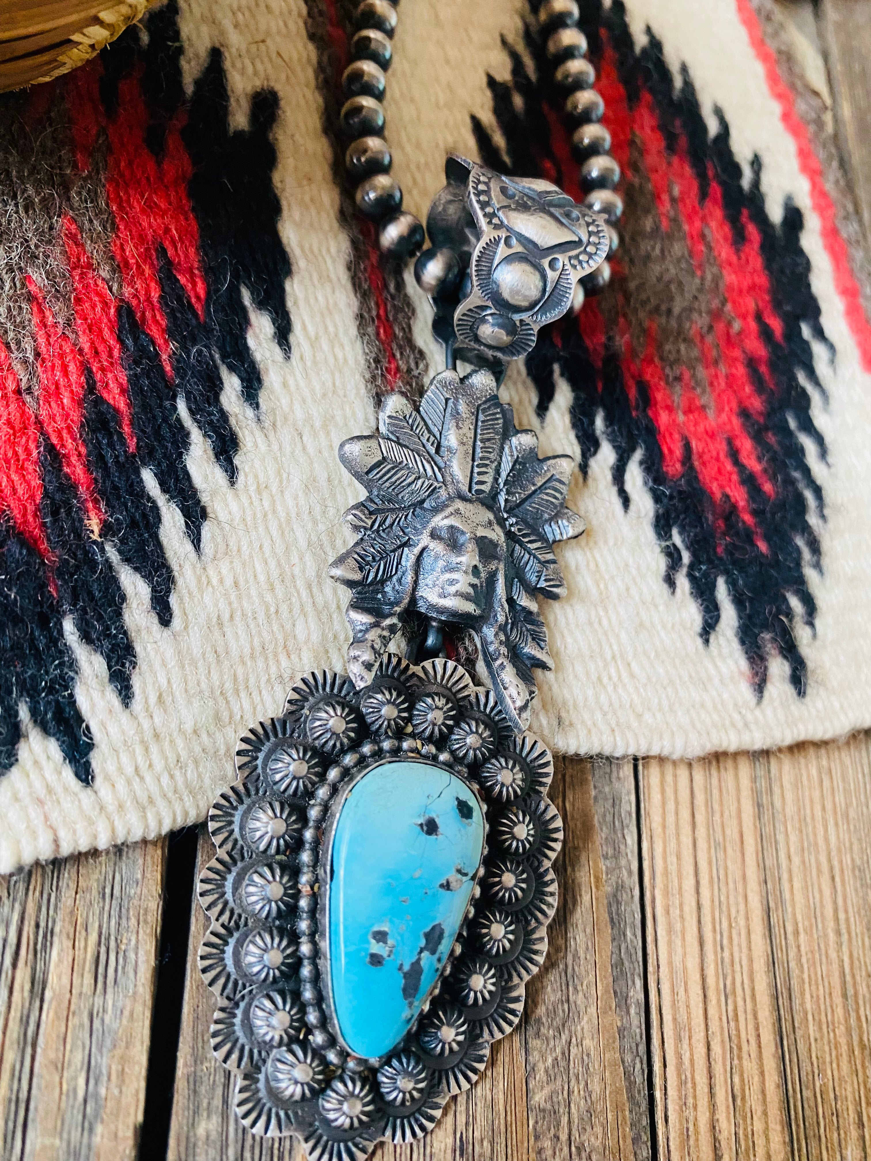 Navajo Sterling Kingman Turquoise & Sterling Silver Indian Chief Penda