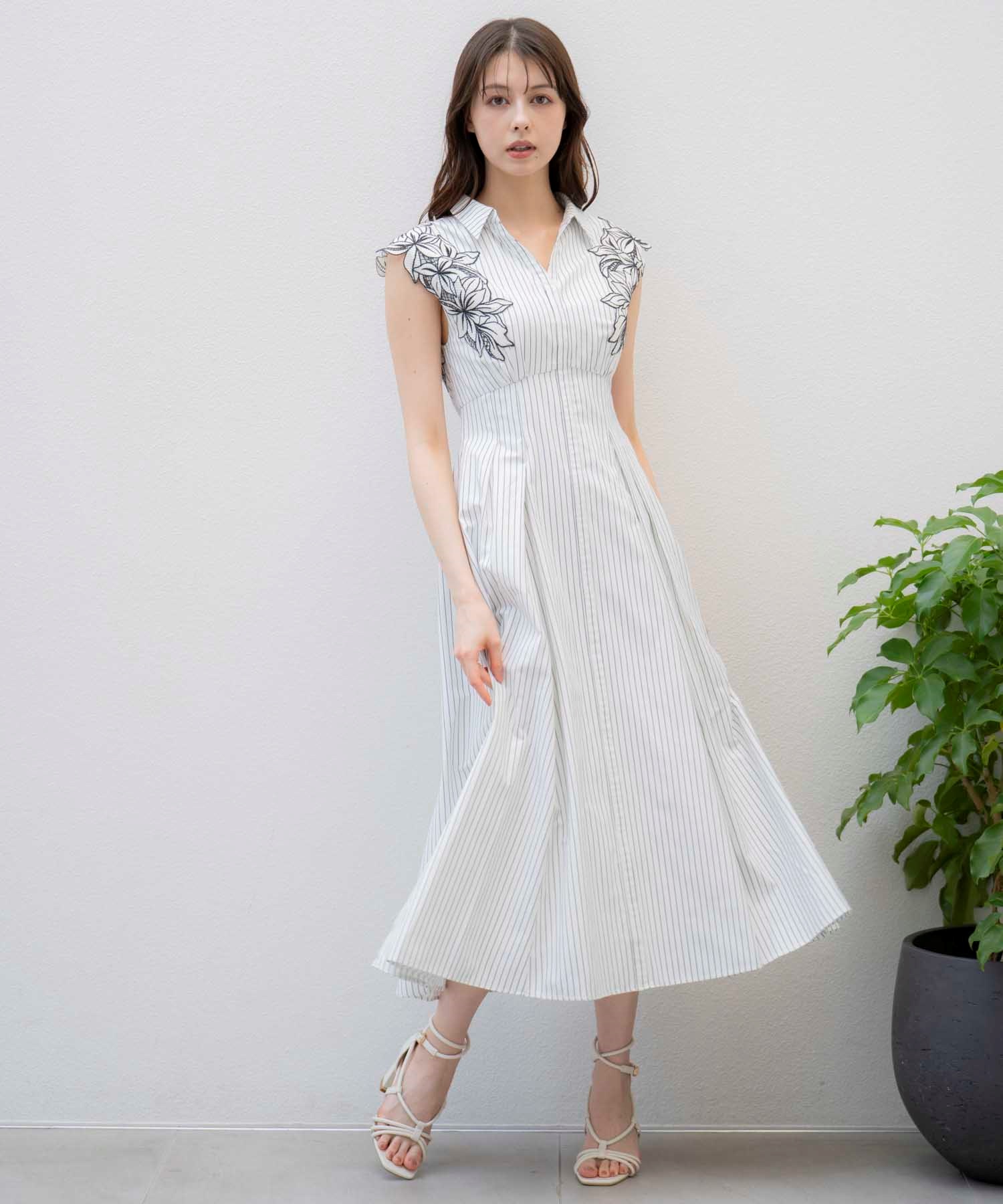 15周年】【SSサイズあり】エンブロイダリーストライプワンピ | ロング