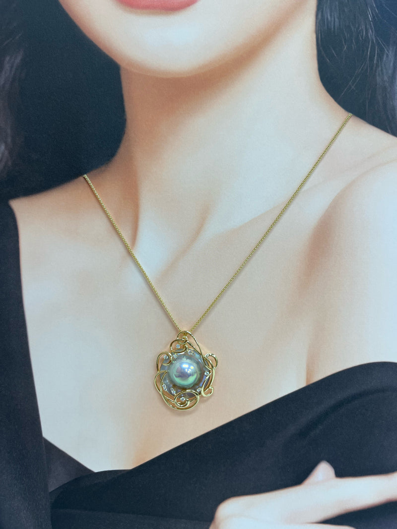 奄美の輝き®×虹珠 マベ真珠 カラ付 15mmK18イエローゴールド巻