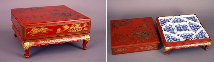 骨董朱漆楼閣山水人物堆錦螺鈿中央香台