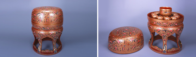 骨董朱漆楼閣山水人物堆錦螺鈿中央香台