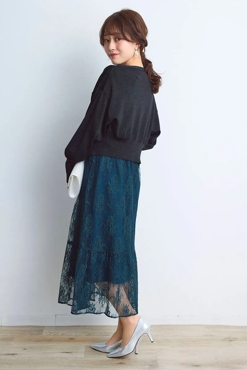 ダークグリーンのオールレース配色ドレス[M] kaeneのレンタル｜11-1447