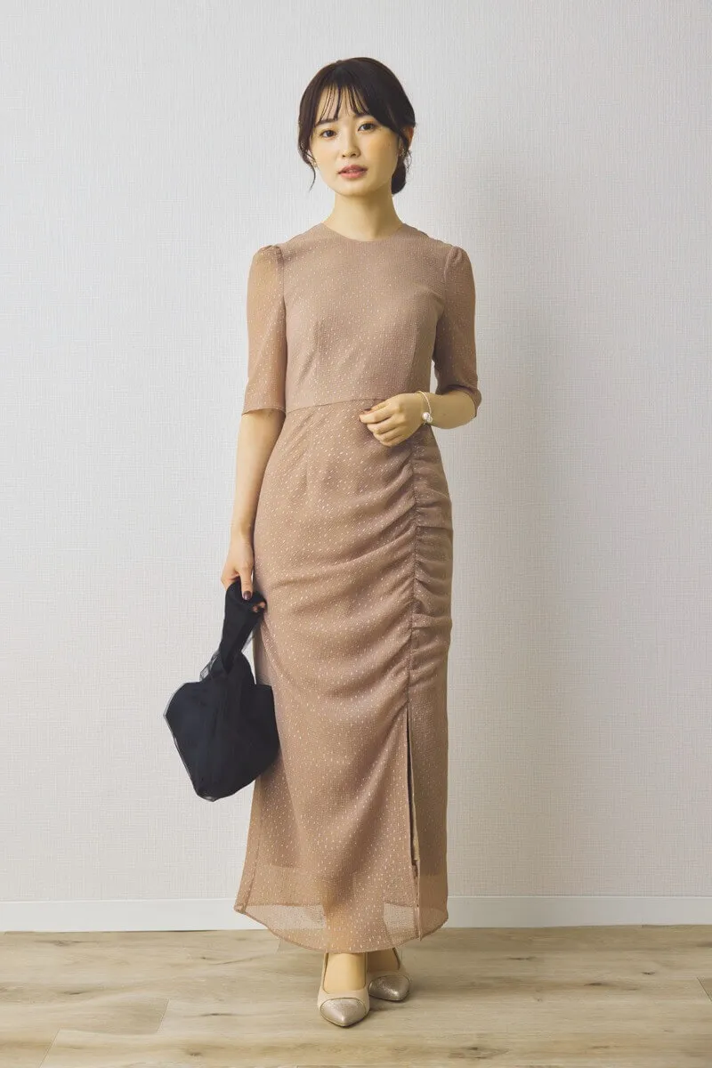 ベージュのラメドビースリットドレス[M] kaeneのレンタル｜11-1617