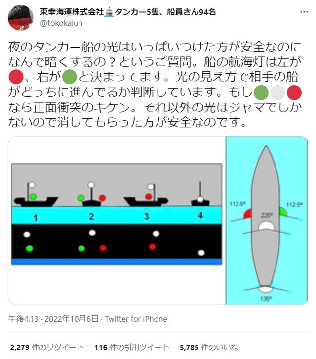 左が赤、右が緑と決まってます」タンカーが灯す航海灯に意味があった