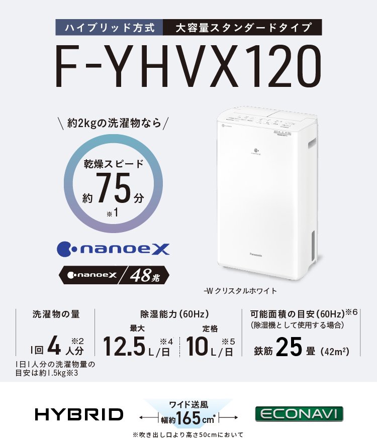 衣類乾燥除湿機 F-YHVX120-W ホワイト (ハイブリッド方式)