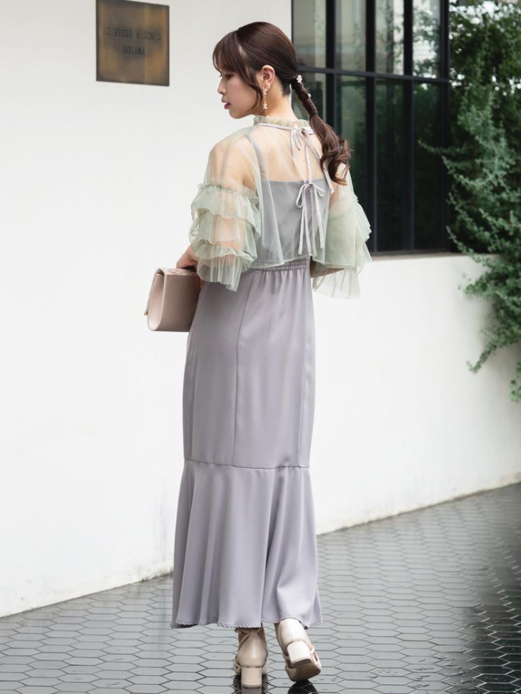 チュールボレロ付きロングドレス(モスグリーン) CR1-434GR-M