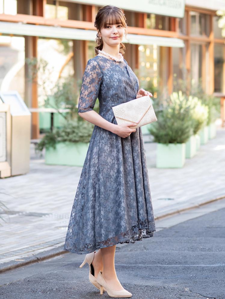 ビスチェ風総レースドレス(グレー)H1-403GRY-M | パーティドレススタイル