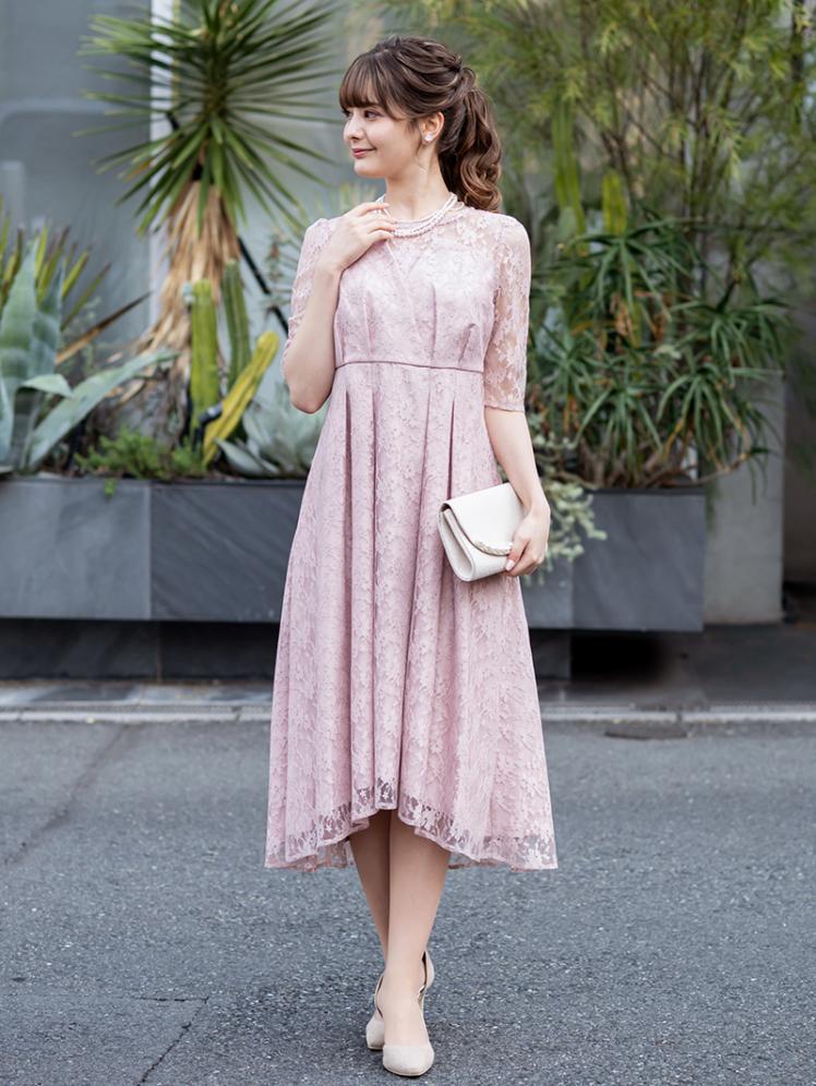 ビスチェ風総レースドレス(ピンクベージュ)H1-403PB-M | パーティ