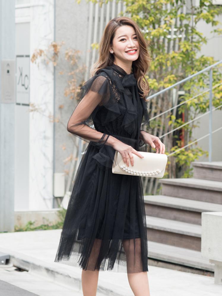 フリルネックチュールワンピース(ブラック)K1-301BL-M | パーティ