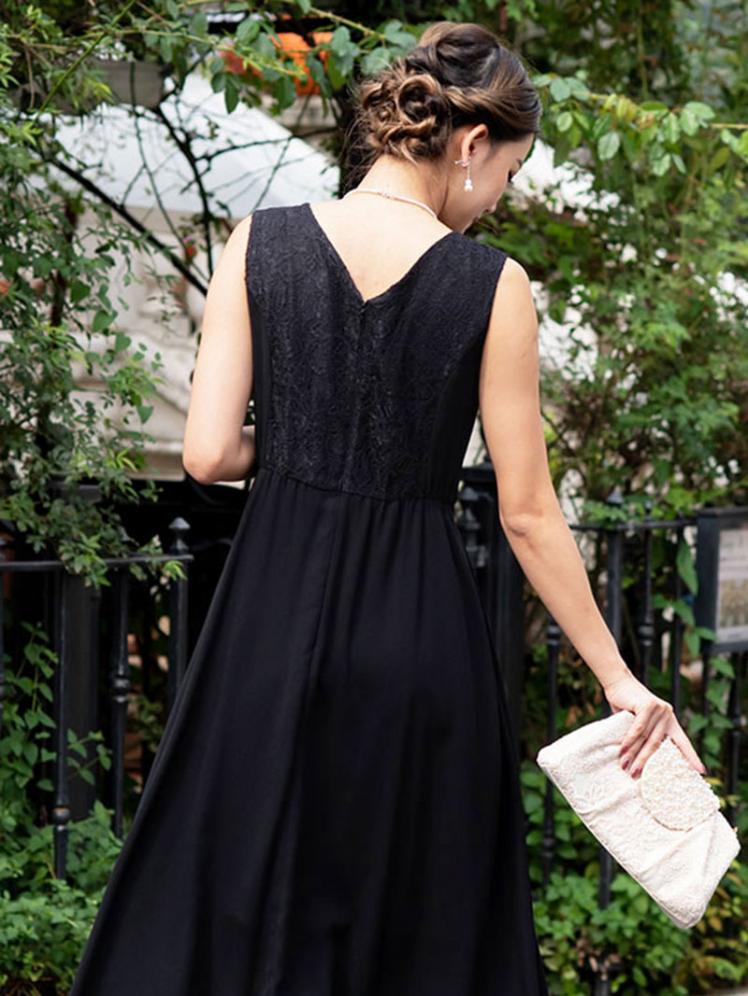 レースネックミモレドレス(ブラック)SR1-241BL-M | パーティドレススタイル