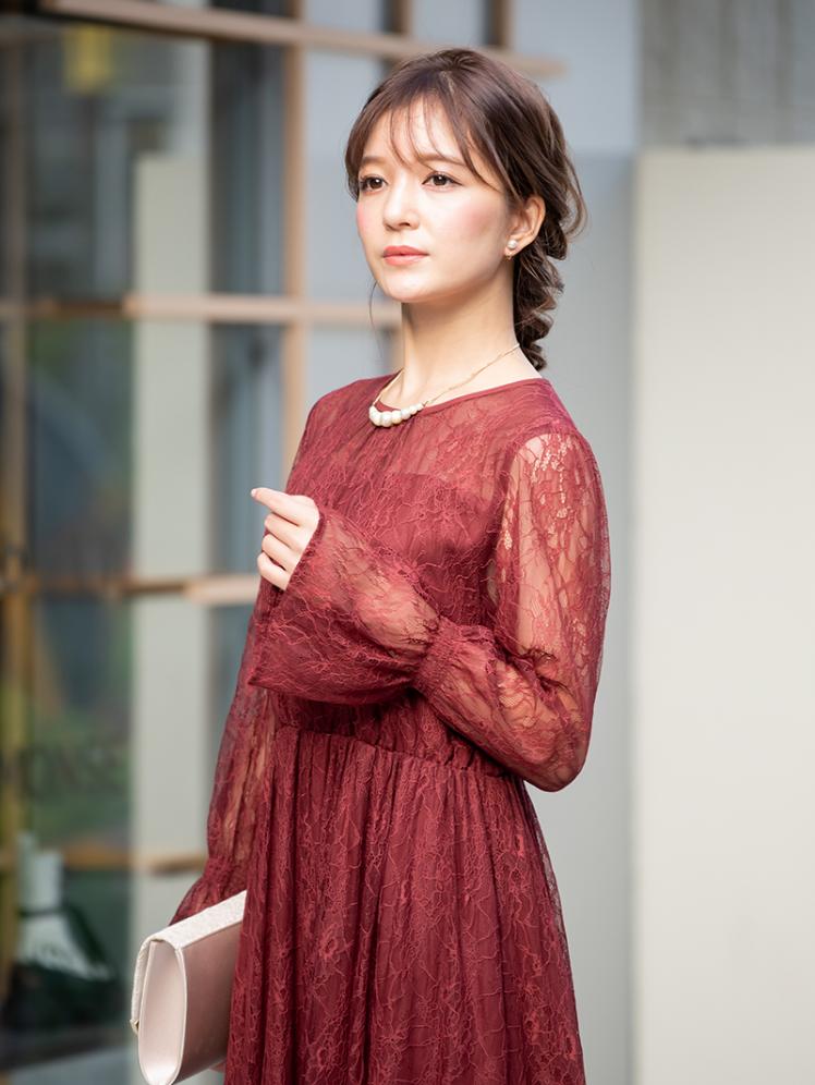 ラッセルレースロングドレス(ボルドー)CR1-325BO-M | パーティドレス