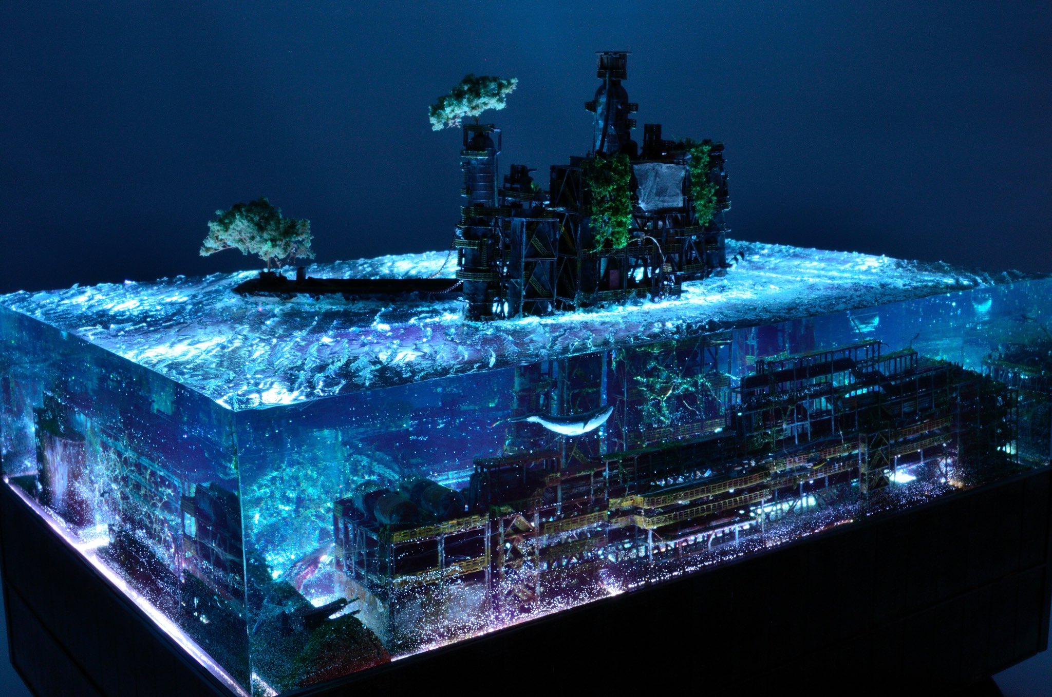 海に沈んだ都市 水没ジオラマ 水没ジオラマ 廃墟ビルに泳ぐ