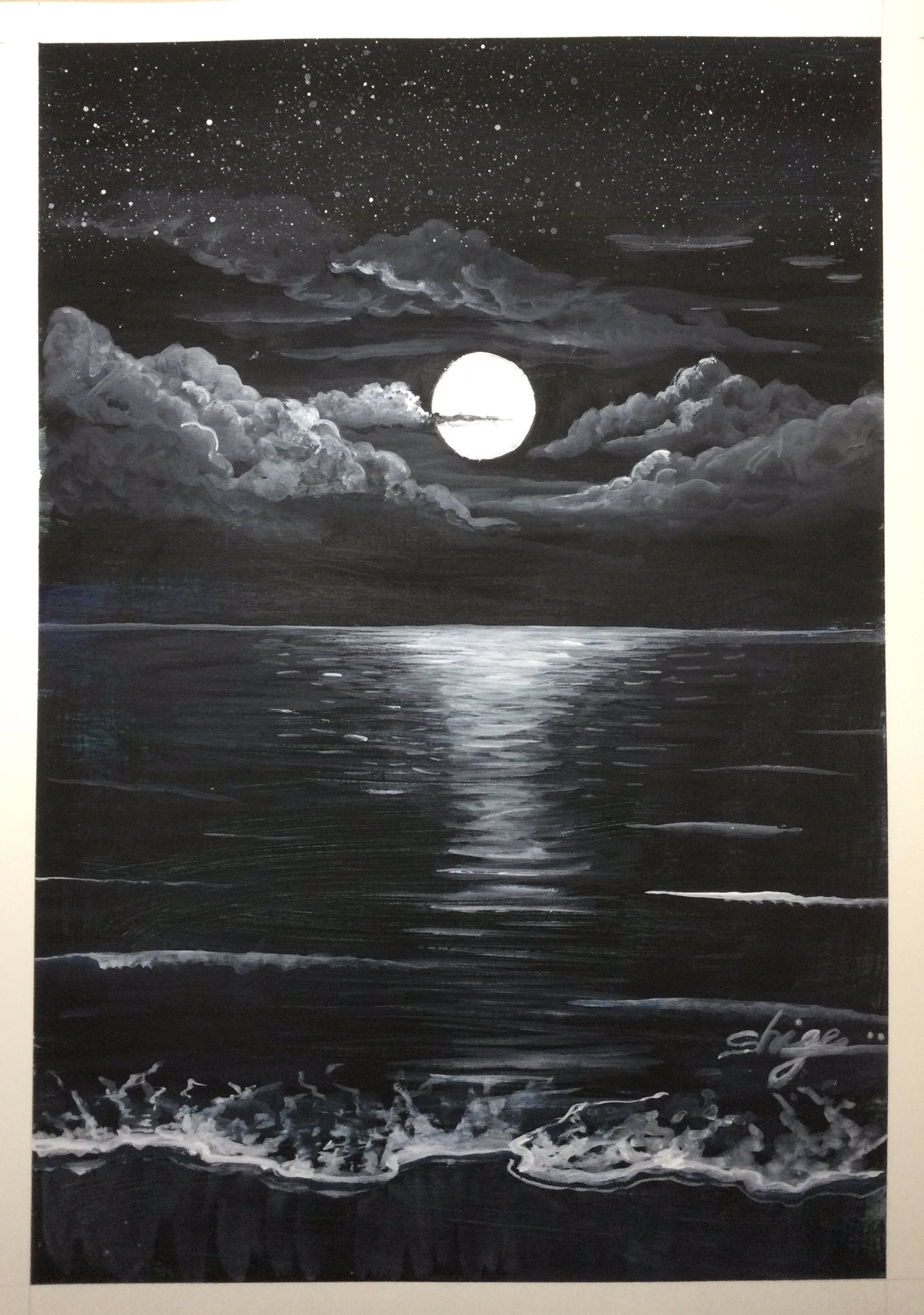 月光と海』アクリル画 SM 風景画 絵画 アクリル画(原画)夜の海、イルカ、