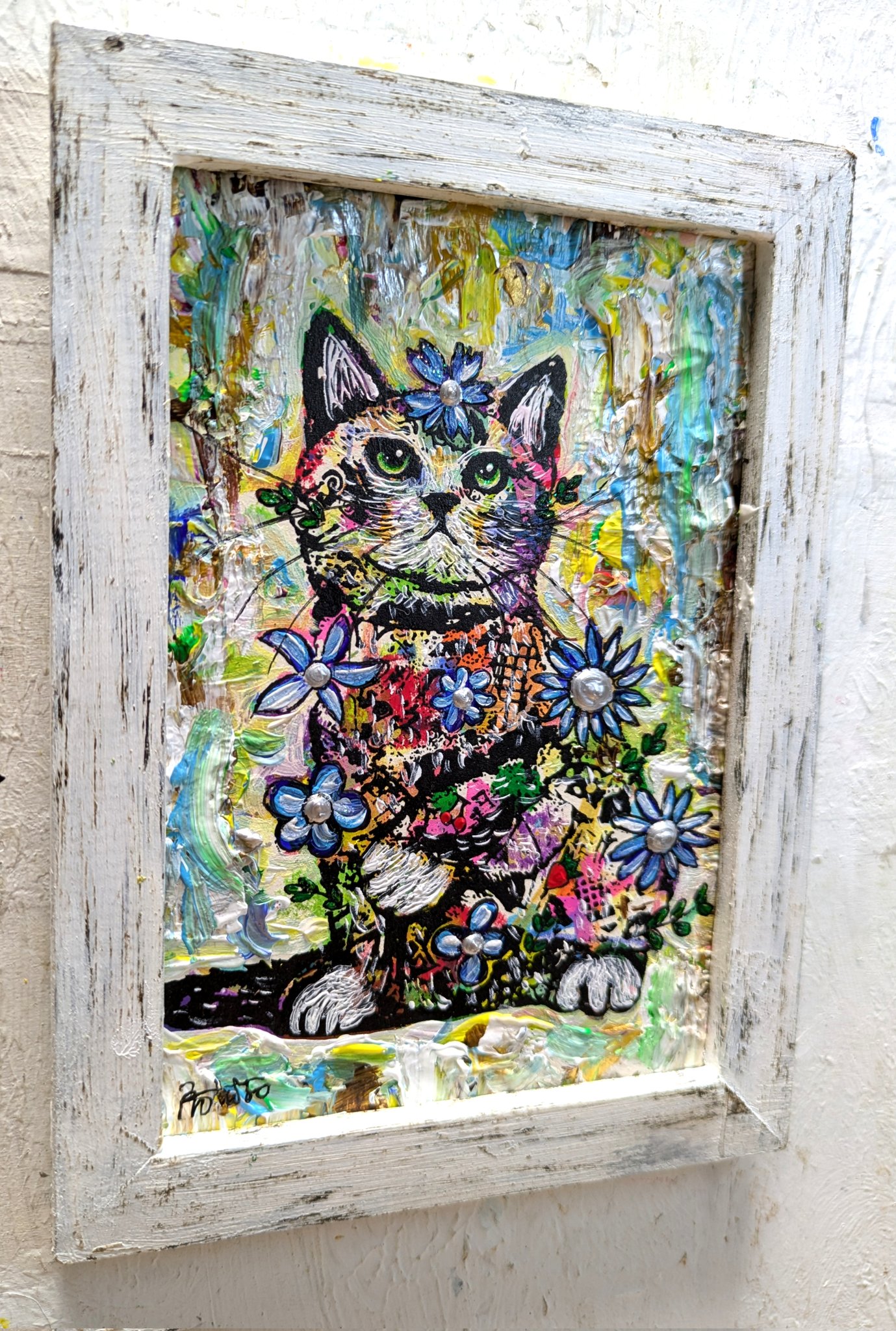 手作り額付き銅版画応用絵画 title「きらめきニャンコ」 手作り額付き