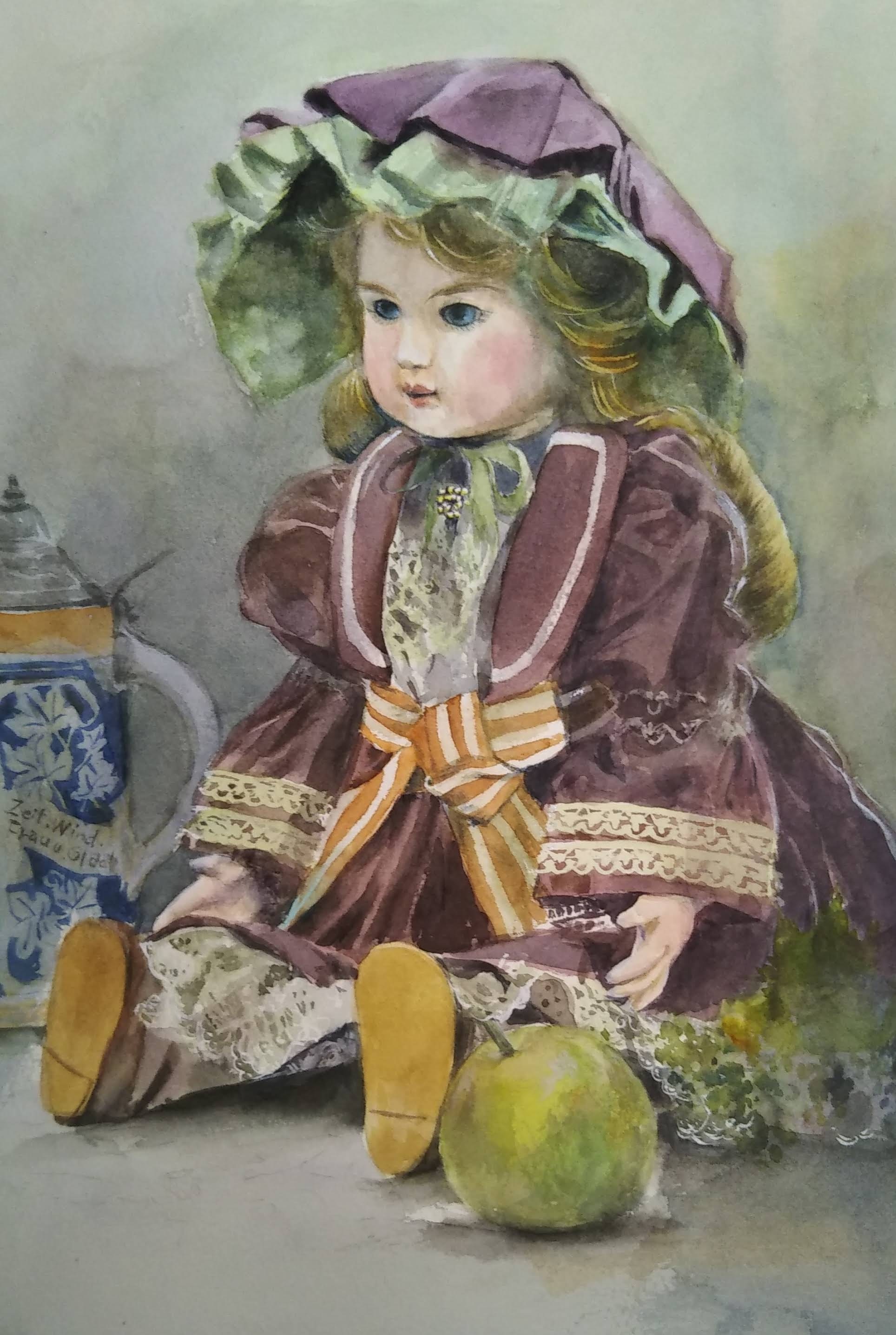 透明水彩画原画アンティークドール