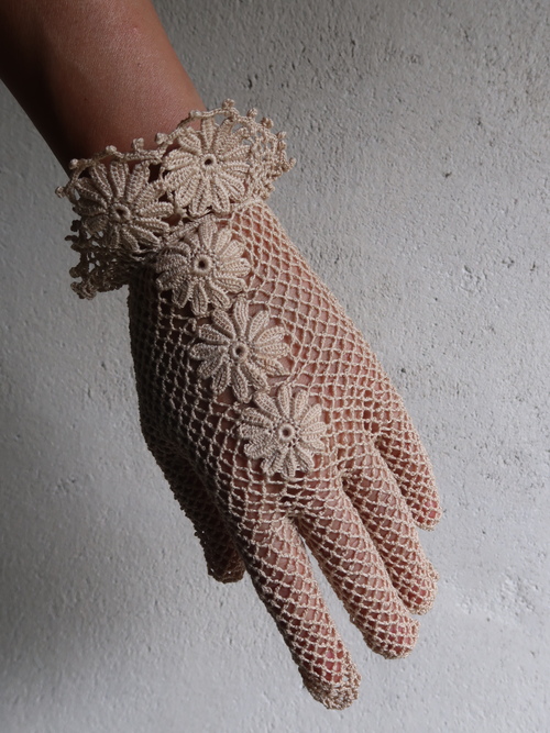 レース手編み手袋 アンティーク調 手編レース手袋 生成色 フランス