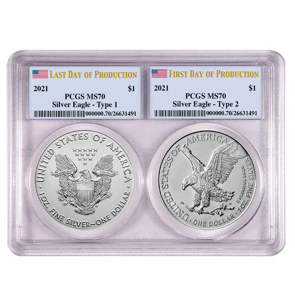 2021 $1 Type 1, Type 2 Silver Eagle Set PCGS MS70 First and Last