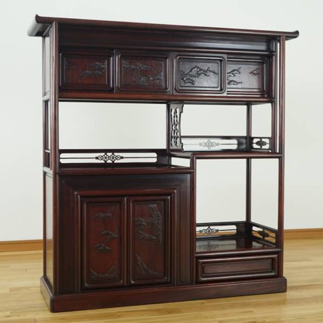 唐木茶棚 茶箪笥 松彫り 飾棚 煎茶棚和風インテリア 家具 （ 食器棚