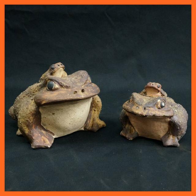 縁起置物 ガマ蛙 親子蛙 茶系 置物 2点セット オブジェ かえる 蛙