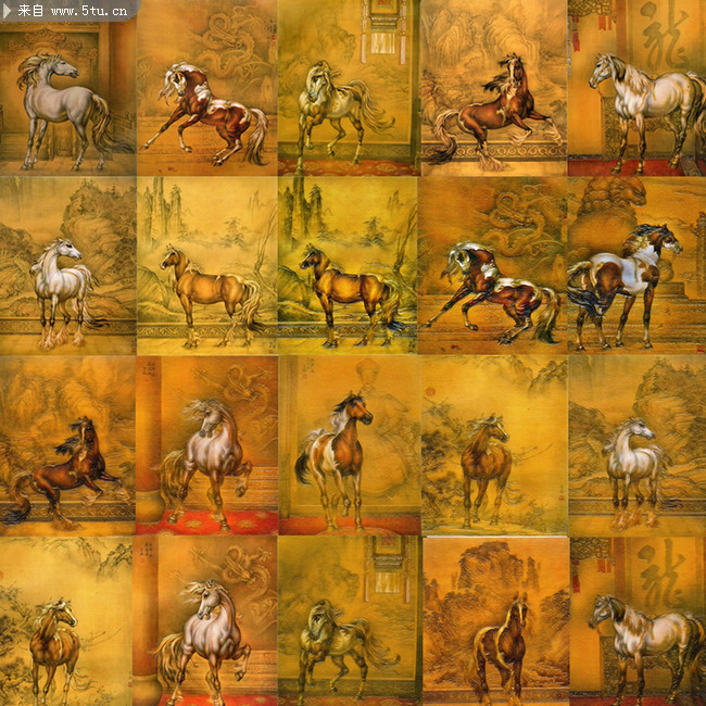 清代 中国美術 馬！馬！馬！乾隆八駿圖、大型絵画（複製模写品）