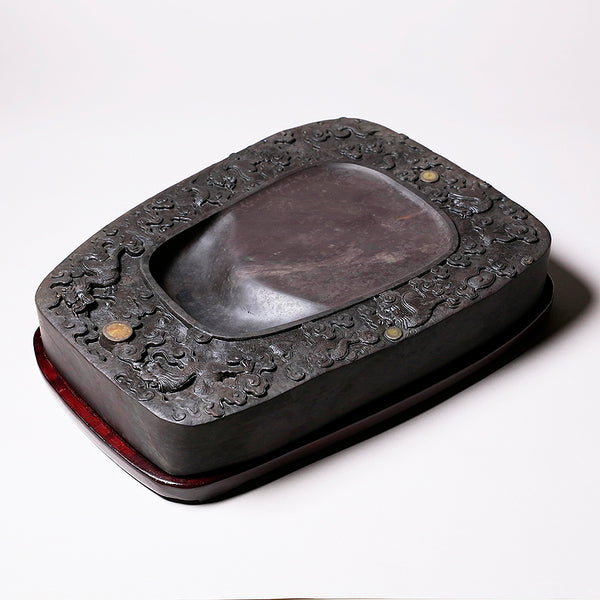 古端渓硯円硯清時代龍紋彫り石渠硯唐木蓋台極上品初出し物(F-49)