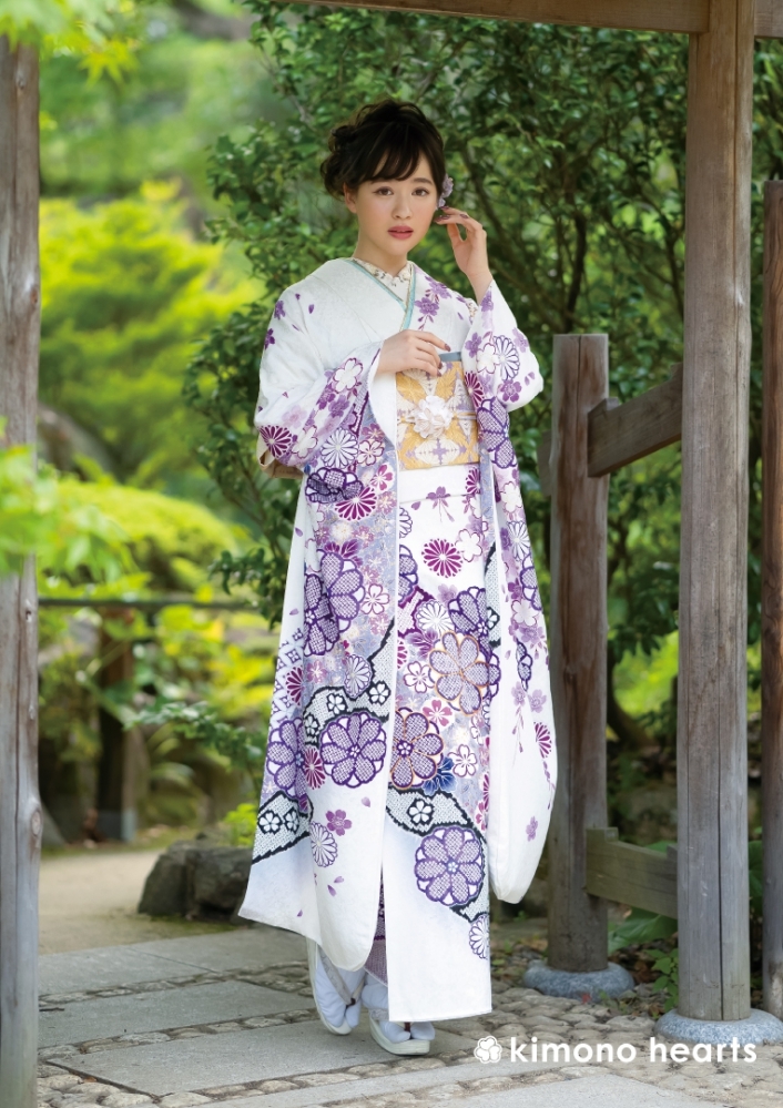 伝統古典】FL-0311｜純白に紫が麗しい鹿の子柄の道長取り振袖｜kimono