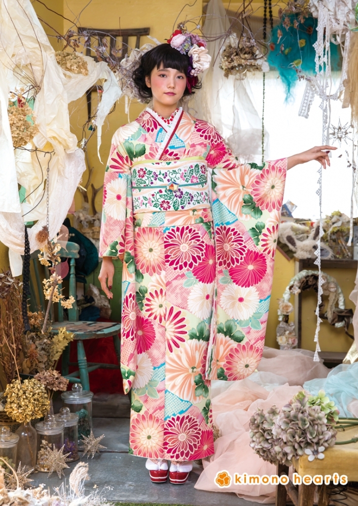 ノスタルジック】FL-8103｜ピンクと水色の組合せが可愛い花柄振袖