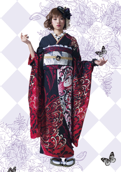 振袖 6点セット ラメ入り 黒と赤のグラデーション 蝶と花 成人式 振袖